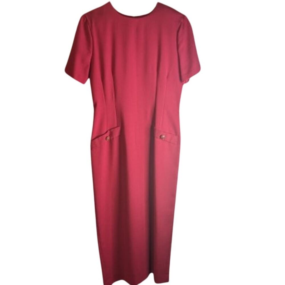 Misty Lane 7/8 lined red pencil dress, short sleeve. Polyester/rayon blend.